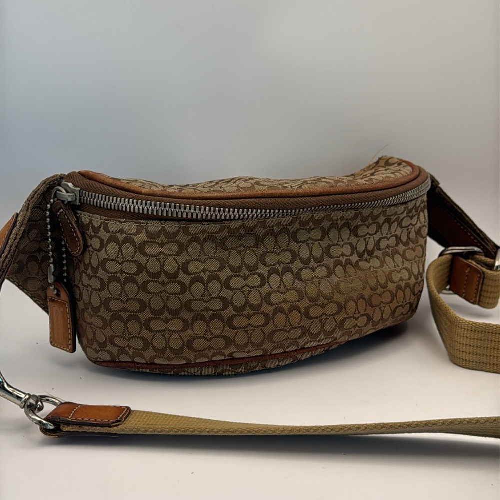 Coach Brown Signature Canvas Belt Bag with Tan Leather Trim